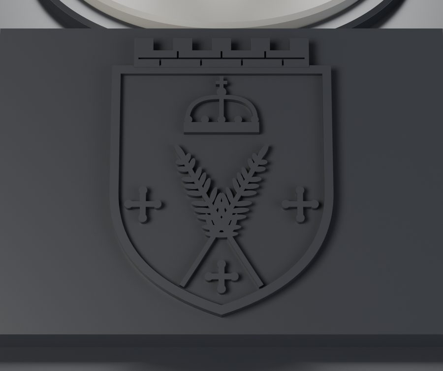 Blason ancien de Saint-Étienne en relief sur un pupitre en résine